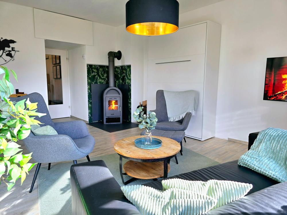 Wohnzimmer mit gemütlichem Sofa, Couchtisch und Fernseher in der Ferienwohnung in Winterberg.