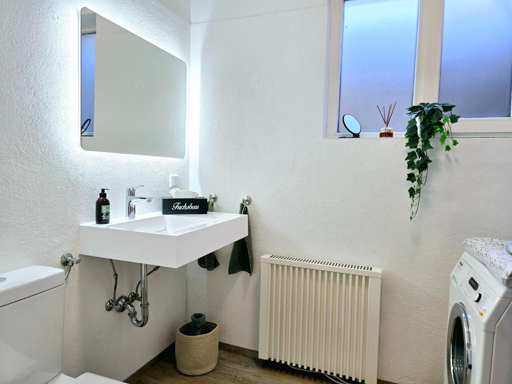 Ferienwohnung in Winterberg: Duschbad mit Ablageflächen und Föhn.