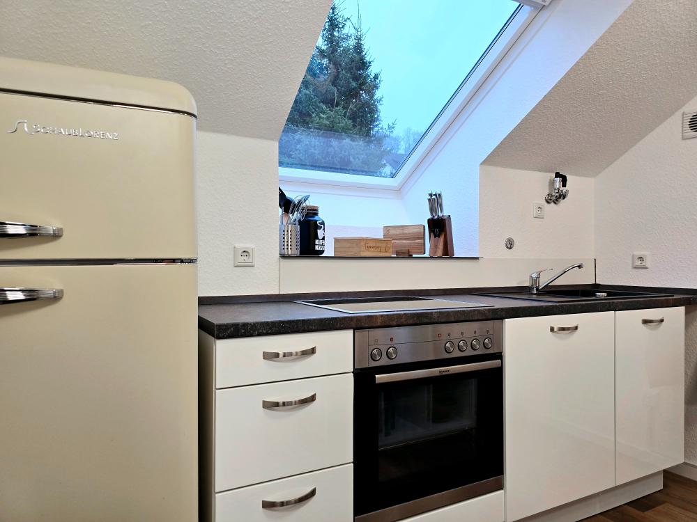 Kompakte Küche mit Backofen, Kühlschrank und Arbeitsfläche.