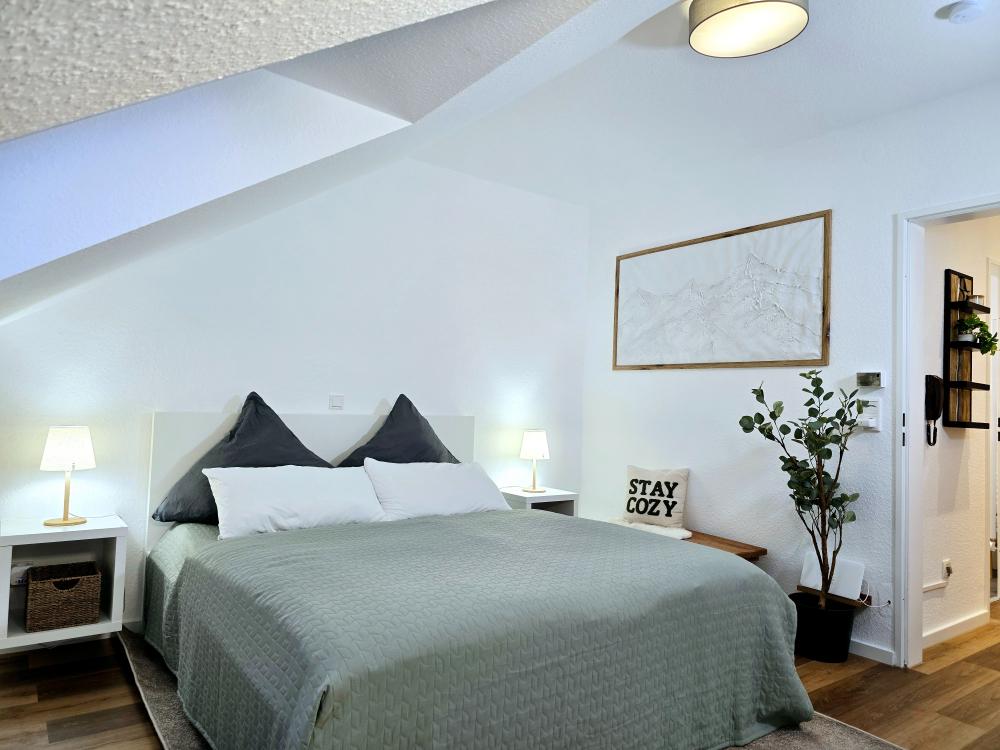 Ferienwohnung in Winterberg: Schlafzimmer mit Tageslicht, Bettwäsche und dekorativen Details.