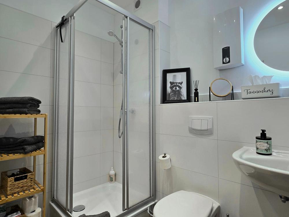 Waschbecken, Dusche und Handtuchhalter im Bad der Ferienwohnung.