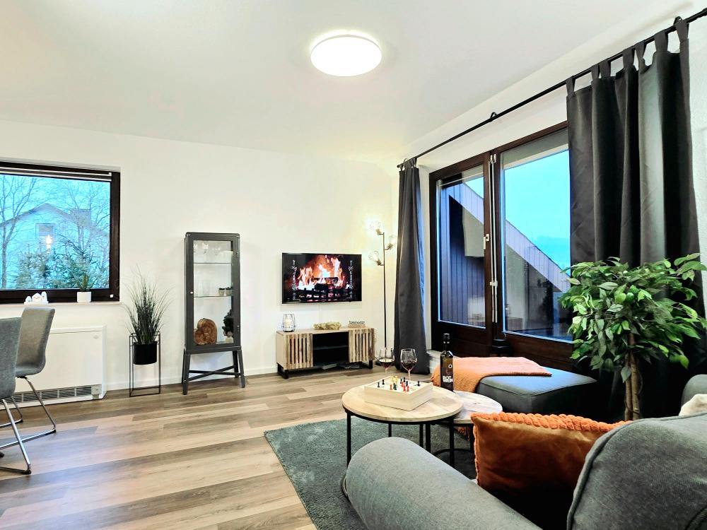 Wohnzimmer mit bequemer Couch, Smart-TV und stilvoller Einrichtung in der Ferienwohnung in Winterberg.