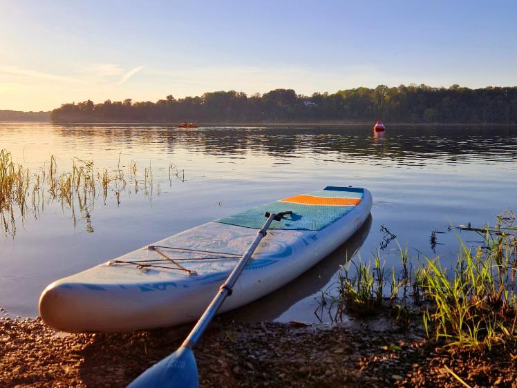 Stand-up Paddle Board am Möhnesee beo sonnigem Wetter.