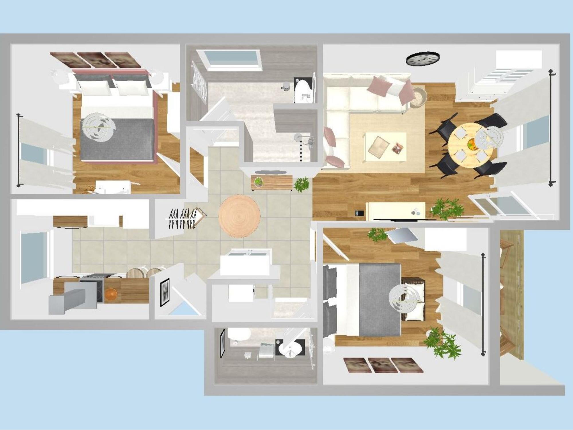 Visualisierung des Wohnungsplans inklusive Möbelplatzierung und Raumaufteilung.